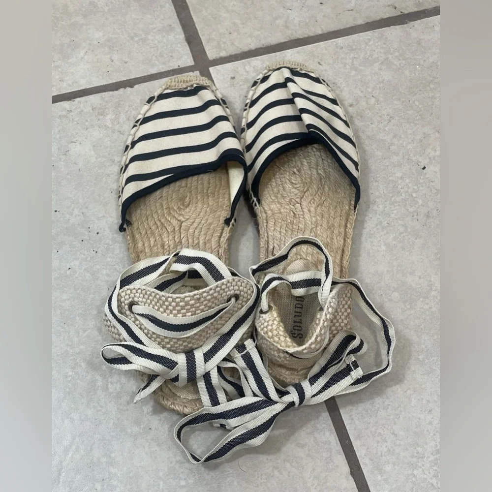 Soludos Cream Black Striped Nautical Strappy Ankle Tie Espadrilles Flats Sz 9.5 - Picture 6 of 13